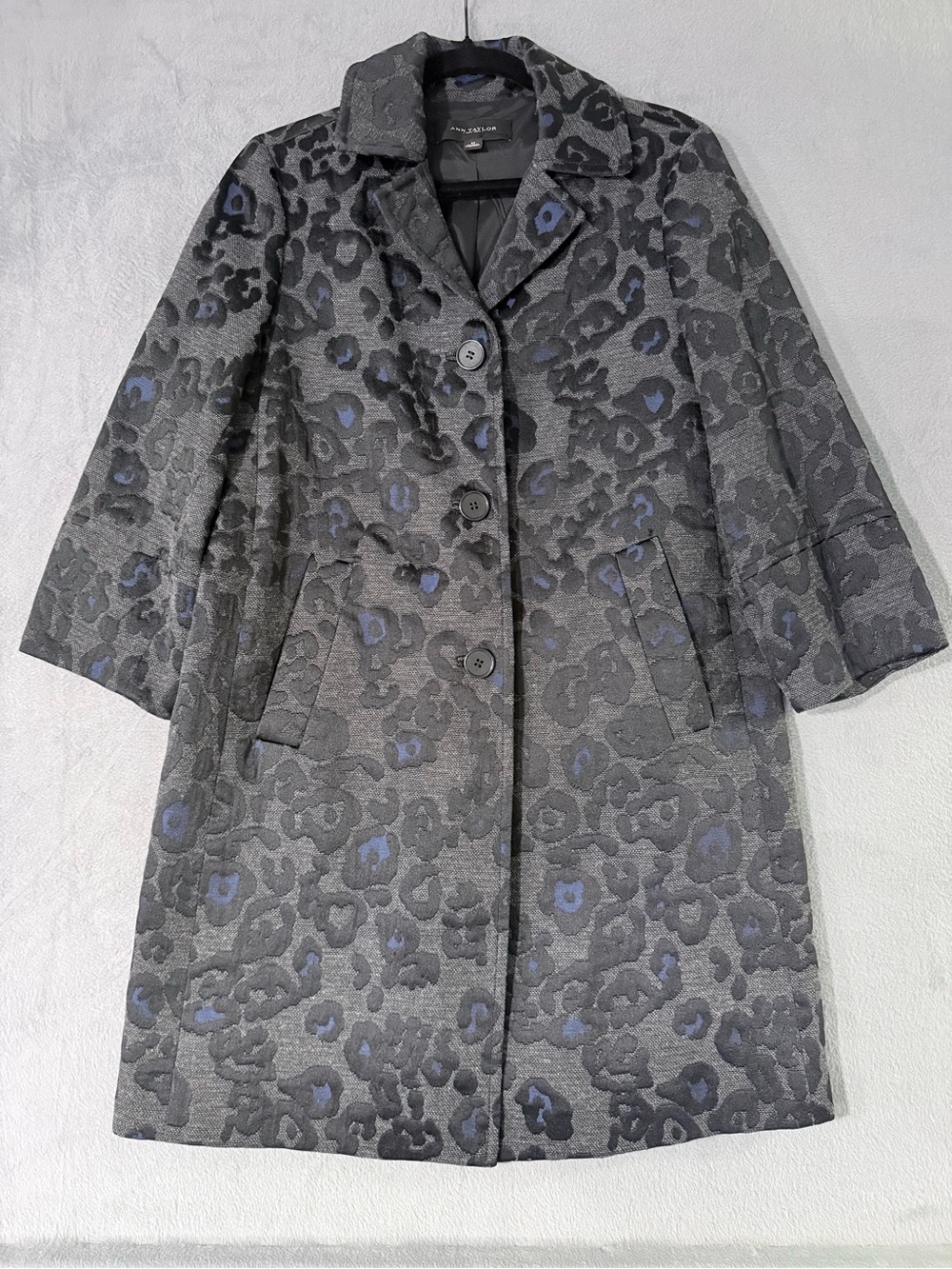 Ann Taylor - Charcoal, Black, & Blue Leopard Jacquard Pea Coat